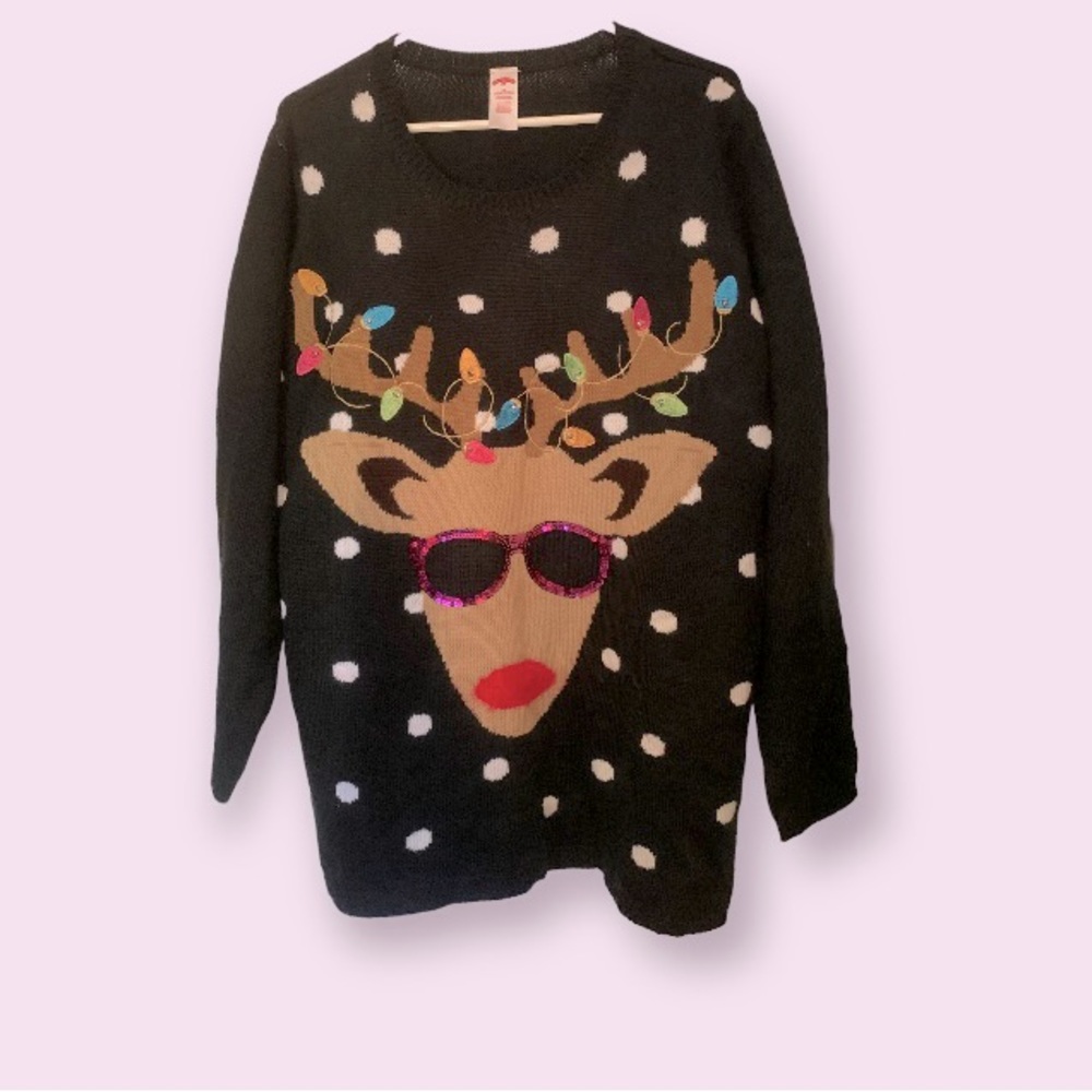 Holiday Time women’s black Christmas sweater with reindeer design size 2XL